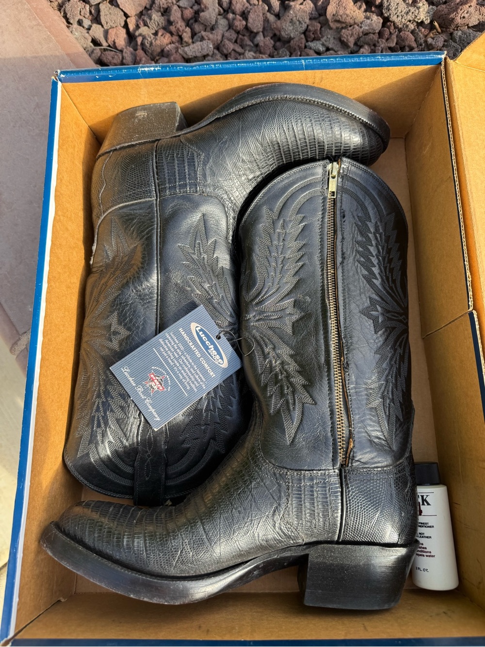 Lucchese Black Embossed Leather & Lizard Western Zip Cowboy Boots